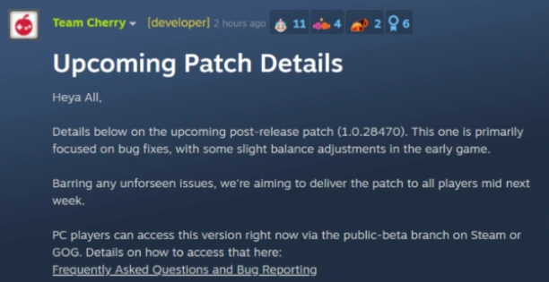 Official patch announcement graphic from Team Cherry